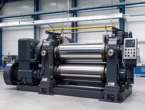 Industrial two-roll rubber mixing mill in a modern rubber-processing workshop