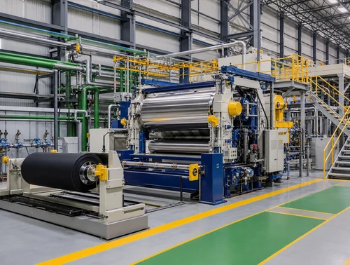 Rubber calender machine integrated into an organised industrial production line