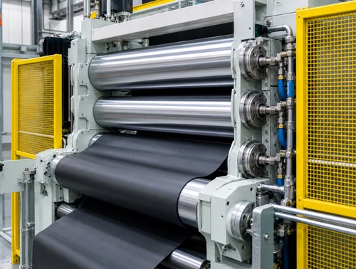 Close view of rubber calender machine rolls, safety guards, and rubber sheet path