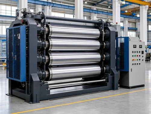 Four-roll rubber calender machine in a clean industrial workshop