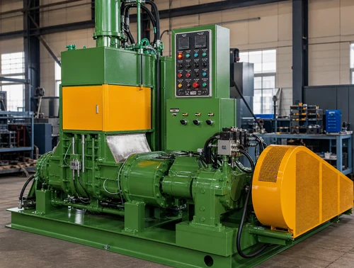 Dispersion Kneader Raipur mixing chamber, hydraulic ram, control panel, and guarded drive