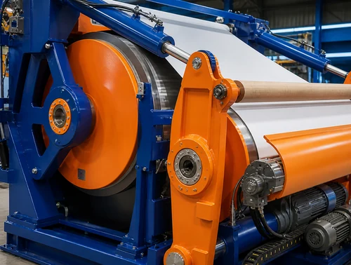 Rotocure machine curing section with blue and orange rolls and rubber sheet path