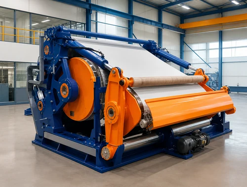 Blue and orange Rotocure rotary curing machine in a rubber manufacturing workshop