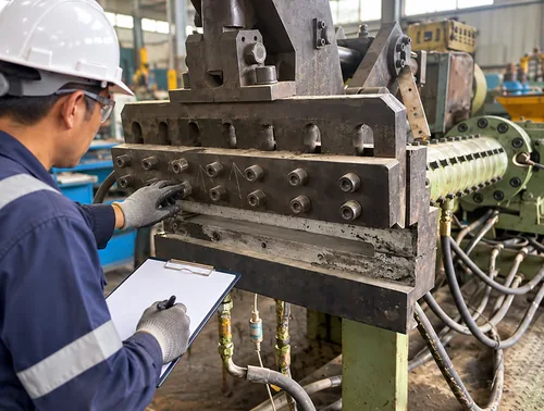 Technician visually checking a used cold-feed rubber extruder head