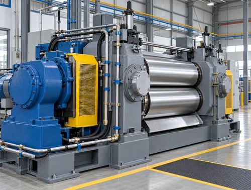 Safety guards and cooling lines on an industrial rubber refiner mill