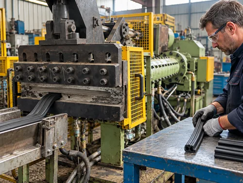 Rubber extrusion sample being examined beside a cold-feed machine