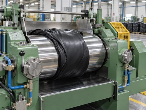 Rubber compound being processed on a mixing mill in Faridabad