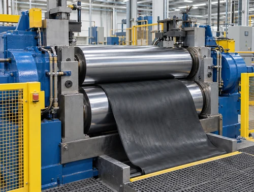 Rubber sheet being processed on a two-roll refiner mill