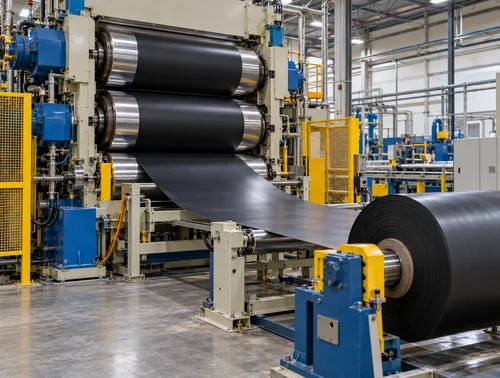 Side view of four-roll rubber calender showing workshop clearance