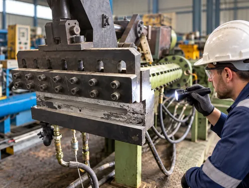 Technician inspecting the head of a used cold-feed rubber extruder