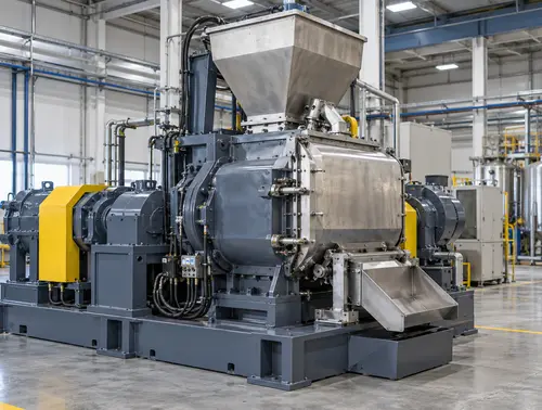 Rubber dispersion kneader with hopper and discharge area in a clean plant