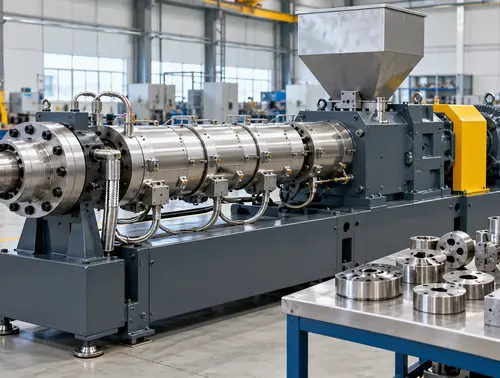 Rubber extruder machine with interchangeable die tooling on a workbench