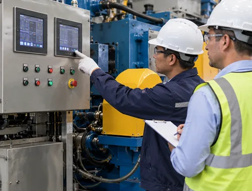 Buyer inspecting roll surfaces and bearings on a rubber calendar machine