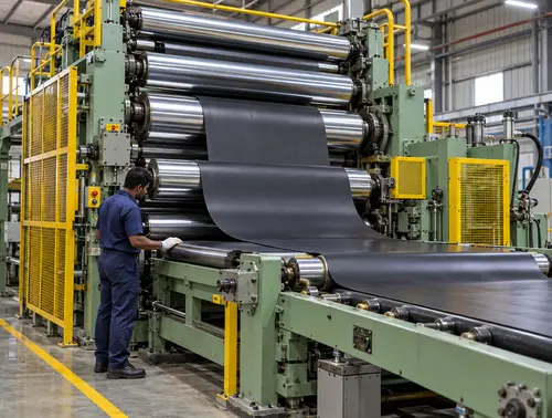 Illustration of rubber calender equipment in a factory