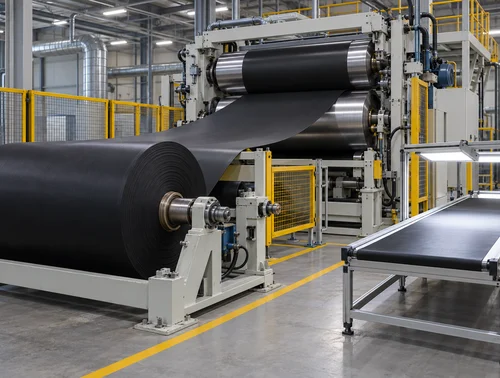 Illustration of a rubber calender fabric-coating line and sample bench