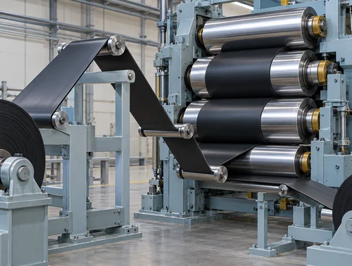Illustration of fabric guide and tension rollers in a rubber calender line