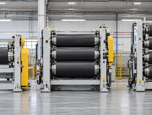 Illustration comparing roll arrangements for rubber calender equipment