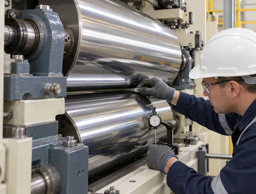 Illustration of a technician examining a rubber calender roll