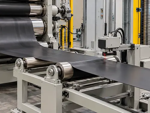 Rubber calender web path with guide rollers, edge sensor and winder