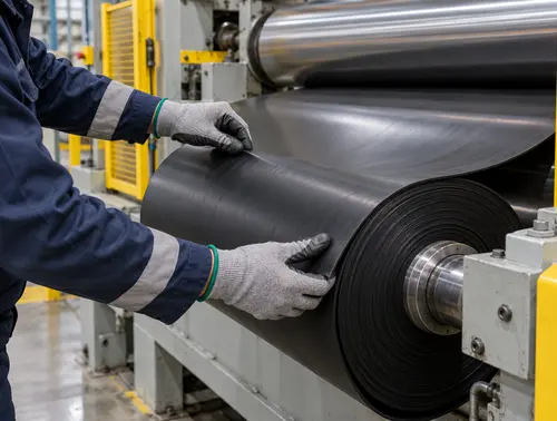 Technician checking rubber sheet alignment and winding at a calender line