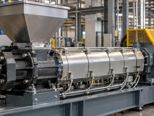 Cold-feed rubber extruder hopper and temperature controlled barrel