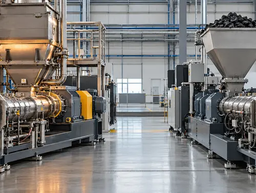 Two rubber extruder configurations for hot-feed and cold-feed comparison