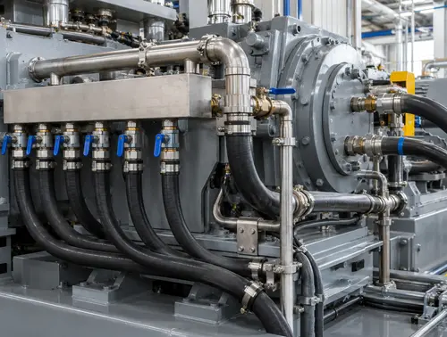 Cooling water manifold and utility connections on a rubber dispersion kneader