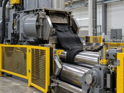 Rubber dispersion kneader discharge transferring compound to guarded rolls