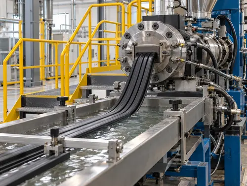Rubber extruder die and startup cooling line inspection