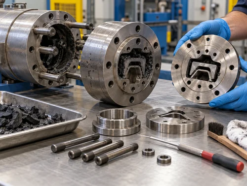 Illustration of an isolated extruder head prepared for component inspection
