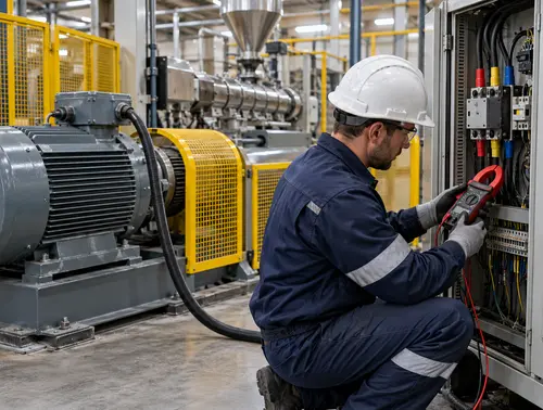 Illustration of an electrical technician checking an extruder drive