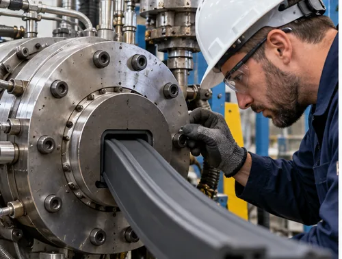 Technician inspecting die alignment on a rubber extruder machine