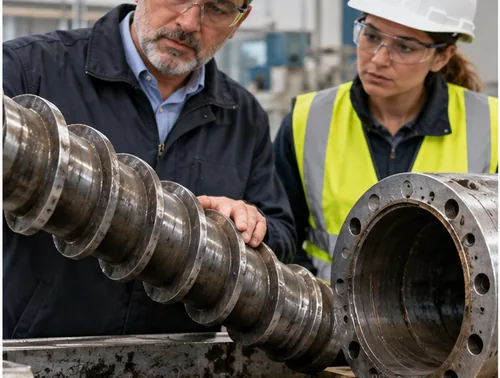 Buyer reviewing screw and barrel condition on a stopped rubber extruder