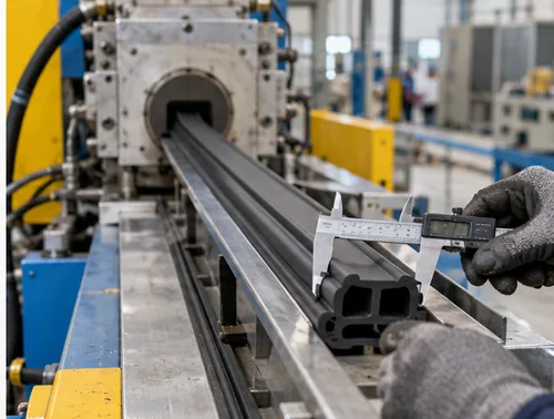 Profile output trial with measurement tools at a rubber extruder