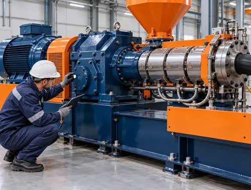 Illustration of reducer oil and bearing-area inspection on a rubber extruder