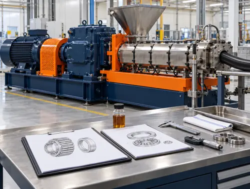 Illustration of extruder gearbox service records and inspection photographs