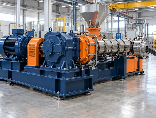 Illustrative rubber extruder overview showing reducer and thrust bearing housing