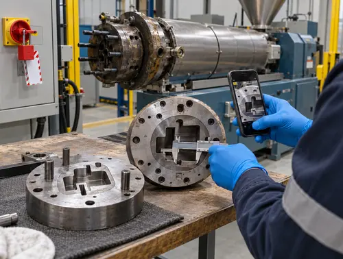 Engineer measuring and documenting a rubber extrusion die set