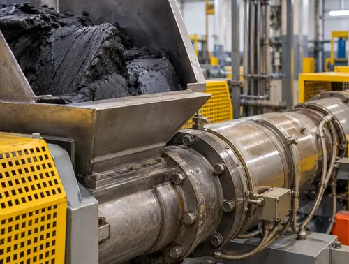 Hot-feed rubber extruder inlet and short barrel inspection view