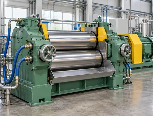 Industrial rubber mixing mill with visible cooling-water connections