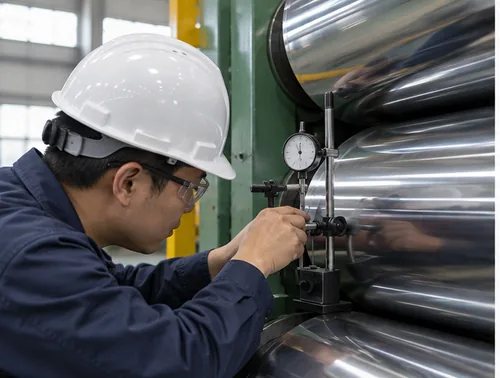Technician checking cooling-water connections on a rubber dispersion kneader