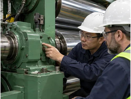 Buyer inspecting temperature controls on a rubber dispersion kneader