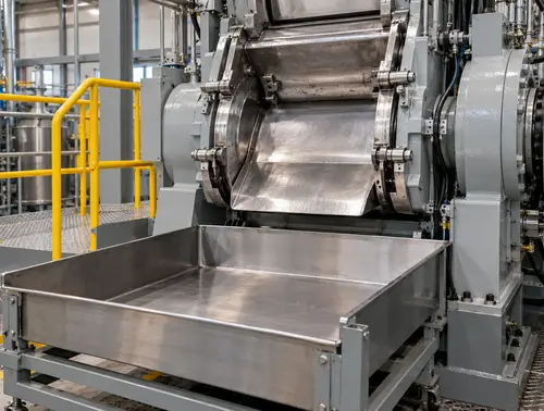 Rubber dispersion kneader discharge area and receiving tray