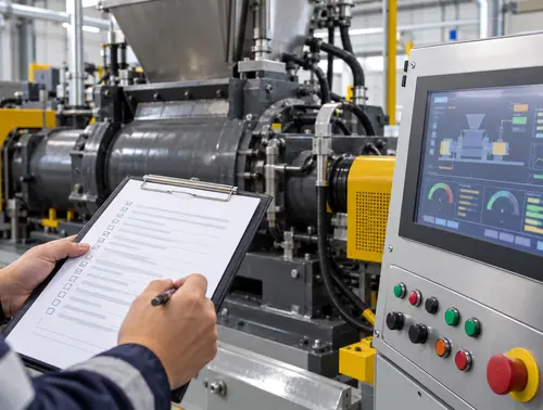 Factory acceptance checklist beside a rubber dispersion kneader
