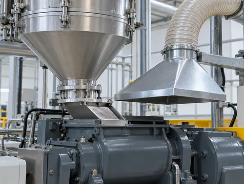 Feed hopper and dust extraction hood above a rubber dispersion kneader