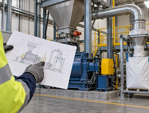 Engineer reviewing the feeding and dust-control layout for a rubber kneader