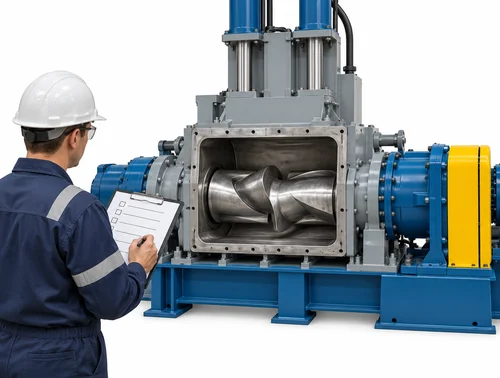 Illustration of a technician reviewing a kneader ram inspection checklist