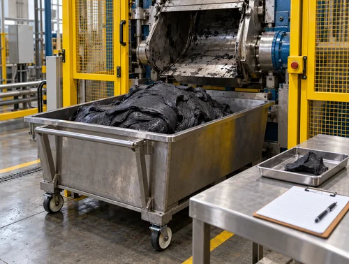 Illustrative trolley receiving a rubber compound batch at a kneader