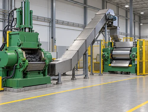 Illustrative batch transfer from a kneader through a conveyor to a mixing mill