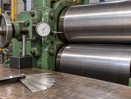 Illustration of a dial indicator and feeler gauges beside rubber mill rolls
